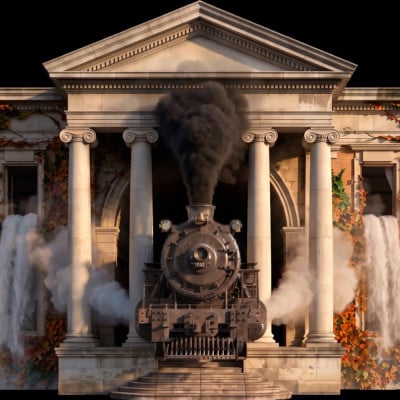 E Pluribus Unum locomotive projection artwork by Los Romeras featuring Michał Kawecki