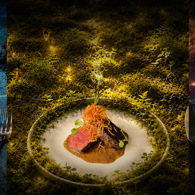 A plated course surrounded by underwater, forest and cosmic projection environments for ELEMENTAL